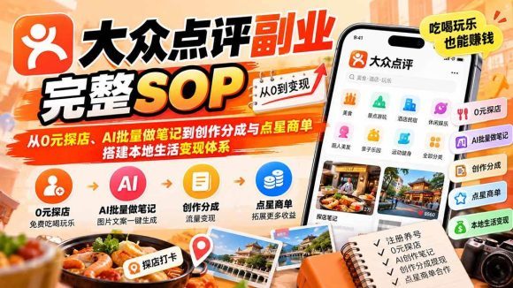 【无水印】大众点评副业完整SOP：从0元探店、AI批量做笔记到创作分成与点星商单，搭建本地生活变现体系
