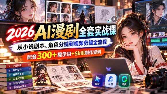 2026AI漫剧全套实战课：从小说剧本、角色分镜到视频剪辑全流程，配套300+提示词+Skill制作资料