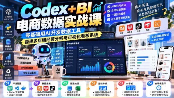 Codex+BI电商数据实战课:零基础用AI开发数据工具,搭建多店铺经营分析与可视化看板系统-1 Codex+BI电商数据实战课:零基础用AI开发数据工具,搭建多店铺经营分析与可视化看板系统