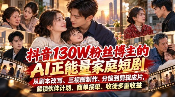 抖音130W粉丝博主的AI正能量家庭短剧，从剧本改写、三视图制作、分镜到剪辑成片，解锁伙伴计划、商单接单、收徒多重收益