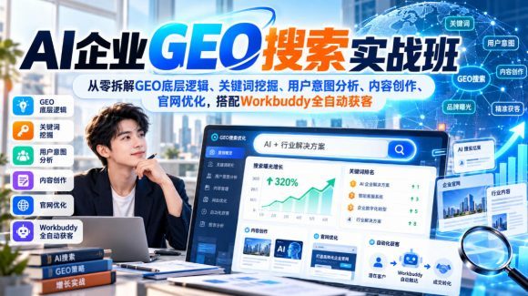 AI企业GEO搜索实战班,从零拆解GEO底层逻辑、关键词挖掘、用户意图分析、内容创作、官网优化,搭配Workbuddy全自动获客-1 AI企业GEO搜索实战班,从零拆解GEO底层逻辑、关键词挖掘、用户意图分析、内容创作、官网优化,搭配Workbuddy全自动获客