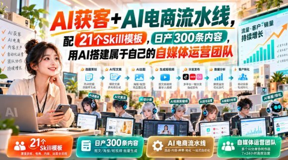 AI获客+AI电商流水线，配21个Skill模板，日产300条内容，用AI搭建属于自己的自媒体运营团队
