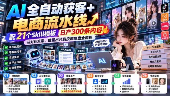 AI全自动获客+电商流水线:配21个Skill模板,日产300条内容,从对标文案、批量出片到投流复盘全流程-1 AI全自动获客+电商流水线:配21个Skill模板,日产300条内容,从对标文案、批量出片到投流复盘全流程