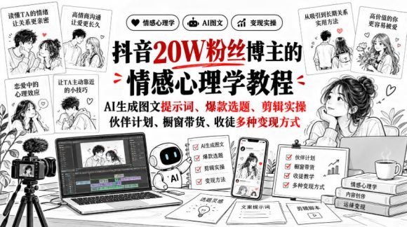 抖音20W粉丝博主静候心声的情感心理学教程,AI生成图文提示词、爆款选题、剪辑实操,伙伴计划、橱窗带货、收徒多种变现方式-1 抖音20W粉丝博主静候心声的情感心理学教程,AI生成图文提示词、爆款选题、剪辑实操,伙伴计划、橱窗带货、收徒多种变现方式