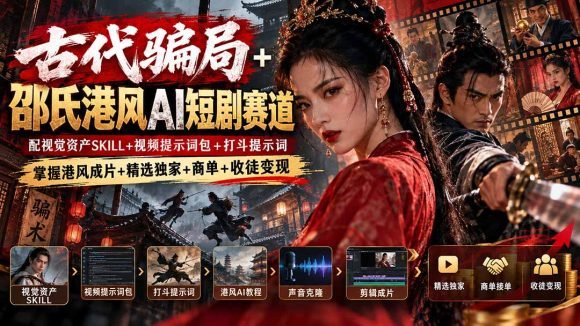 古代骗局+邵氏港风AI短剧赛道:配视觉资产SKILL+视频提示词包+打斗提示词,掌握港风成片+精选独家+商单+收徒变现-1 古代骗局+邵氏港风AI短剧赛道:配视觉资产SKILL+视频提示词包+打斗提示词,掌握港风成片+精选独家+商单+收徒变现