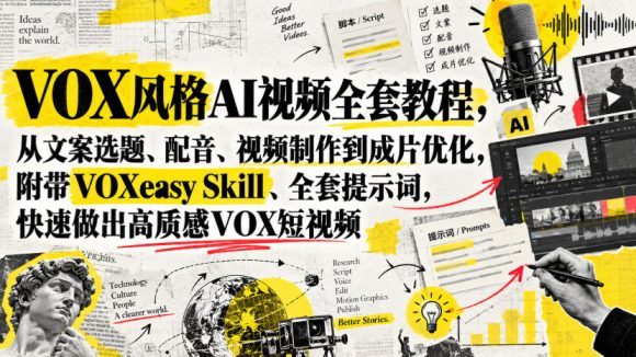VOX风格AI视频全套教程,从文案选题、配音、视频制作到成片优化,附带VOXeasy Skill、全套提示词,快速做出高质感VOX短视频-1 VOX风格AI视频全套教程,从文案选题、配音、视频制作到成片优化,附带VOXeasy Skill、全套提示词,快速做出高质感VOX短视频