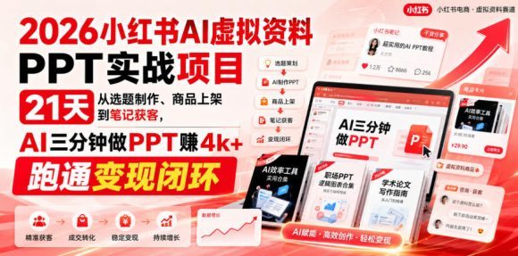 【无水印】2026小红书AI虚拟资料PPT实战项目,21天从选题制作、商品上架到笔记获客,AI三分钟做PPT赚4k+跑通变现闭环(更新0927)-1 【无水印】2026小红书AI虚拟资料PPT实战项目,21天从选题制作、商品上架到笔记获客,AI三分钟做PPT赚4k+跑通变现闭环(更新0927)