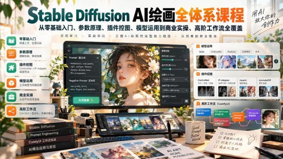 【无水印】Stable Diffusion AI绘画全体系课程,从零基础入门、参数原理、插件控图、模型运用到商业实操、高阶工作流全覆盖-1 【无水印】Stable Diffusion AI绘画全体系课程,从零基础入门、参数原理、插件控图、模型运用到商业实操、高阶工作流全覆盖
