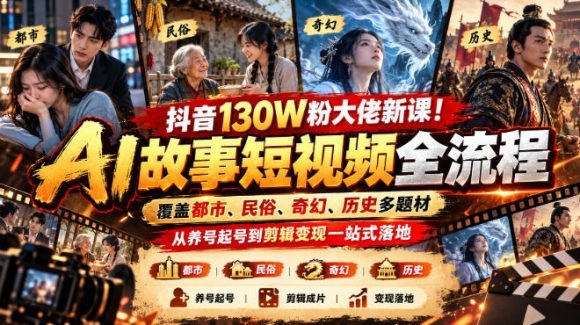 抖音130W粉大佬新课!AI故事短视频全流程,覆盖都市、民俗、奇幻、历史多题材,从养号起号到剪辑变现一站式落地-1 抖音130W粉大佬新课!AI故事短视频全流程,覆盖都市、民俗、奇幻、历史多题材,从养号起号到剪辑变现一站式落地