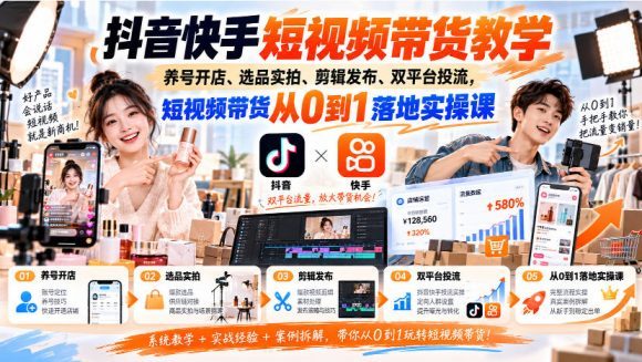 抖音快手短视频带货教学|养号开店、选品实拍、剪辑发布、双平台投流,短视频带货从0到1落地实操课-1 抖音快手短视频带货教学|养号开店、选品实拍、剪辑发布、双平台投流,短视频带货从0到1落地实操课