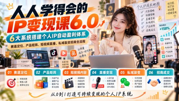 人人学得会的IP变现课6.0，6大系统搭建个人IP自动盈利体系，赛道定位、产品矩阵、短视频直播、私域裂变招商全流程