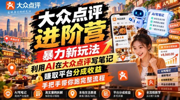大众点评进阶营,暴力新玩法,利用AI在大众点评写笔记, 賺取平台分成收益,手把手带你跑完整流程-1 大众点评进阶营,暴力新玩法,利用AI在大众点评写笔记, 賺取平台分成收益,手把手带你跑完整流程