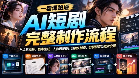 一套课跑通AI短剧完整制作流程:从工具选择、剧本生成、人物场景设计到镜头制作、剪辑配音及成片变现-1 一套课跑通AI短剧完整制作流程:从工具选择、剧本生成、人物场景设计到镜头制作、剪辑配音及成片变现