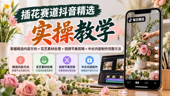 插花赛道抖音精选实操教学：掌握精选内容方向+花艺素材处理+视频节奏剪辑+中长内容制作完整方法