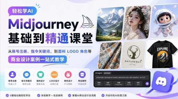轻松学AI Midjourney基础到精通课堂,从账号注册、指令关键词,到面料LOGO角色等商业设计案例一站式教学-1 轻松学AI Midjourney基础到精通课堂,从账号注册、指令关键词,到面料LOGO角色等商业设计案例一站式教学