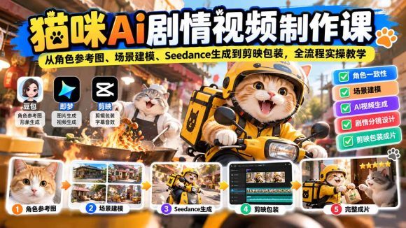 猫咪AI剧情视频制作课:从角色参考图、场景建模、Seedance生成到剪映包装,全流程实操教学-1 猫咪AI剧情视频制作课:从角色参考图、场景建模、Seedance生成到剪映包装,全流程实操教学