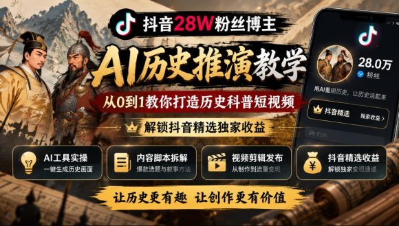 抖音28W粉丝博主的AI历史推演教学,从0到1教你打造历史科普短视频,解锁抖音精选独家收益-1 抖音28W粉丝博主的AI历史推演教学,从0到1教你打造历史科普短视频,解锁抖音精选独家收益
