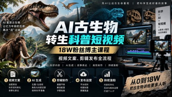 AI古生物转生科普短视频,18W粉丝博主课程,视频文案、剪辑发布全流程-1 AI古生物转生科普短视频,18W粉丝博主课程,视频文案、剪辑发布全流程