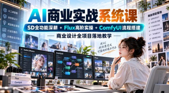 AI商业实战系统课｜SD全功能深耕+Flux高阶实操+Comfyui流程搭建，商业设计全项目落地教学