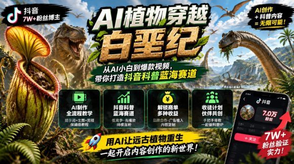 抖音7W粉丝博主的AI植物穿越白垩纪教学,抖音科普蓝海赛道,解锁商单收徒伙伴计划等多种收益-1 抖音7W粉丝博主的AI植物穿越白垩纪教学,抖音科普蓝海赛道,解锁商单收徒伙伴计划等多种收益