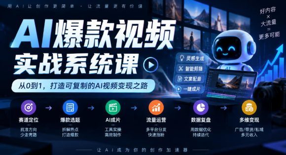 AI爆款视频实战系统课｜赛道定位、爆款选题、AI成片、流量运营、数据复盘、多维变现全链路教学