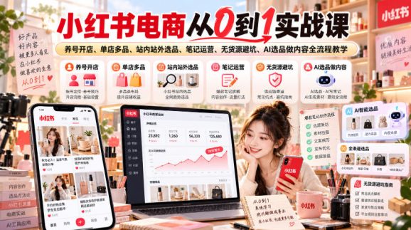 小红书电商从0到1实战课｜养号开店、单店多品、站内站外选品、笔记运营、无货源避坑、AI选品做内容全流程教学