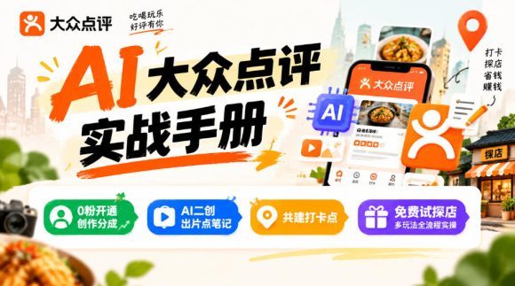 某局的AI大众点评实战手册，0粉开通创作分成、AI二创出片点笔记、共建打卡点、免费试探店多玩法全流程实操