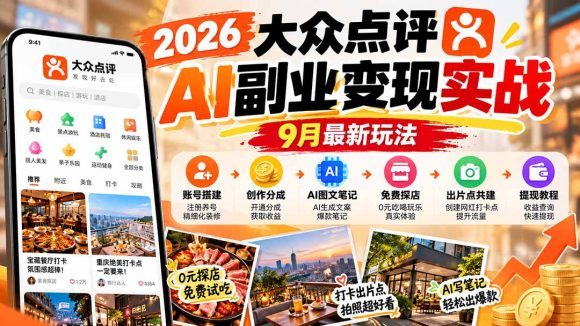 2026大众点评AI副业变现实战9月最新玩法:账号搭建+创作分成+AI图文笔记+免费探店+出片点共建与提现教程-1 2026大众点评AI副业变现实战9月最新玩法:账号搭建+创作分成+AI图文笔记+免费探店+出片点共建与提现教程