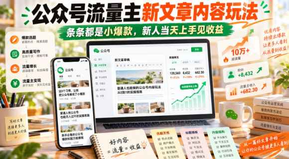 众号流量主新文章内容玩法，条条都是小爆款，新人当天上手见收益