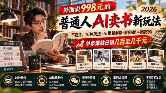 外面卖998元的2026普通人AI卖书新玩法:不露脸、不囤货,10种玩法+AI批量制作+橱窗变现,单条爆款日销几百至几千元-1 外面卖998元的2026普通人AI卖书新玩法:不露脸、不囤货,10种玩法+AI批量制作+橱窗变现,单条爆款日销几百至几千元