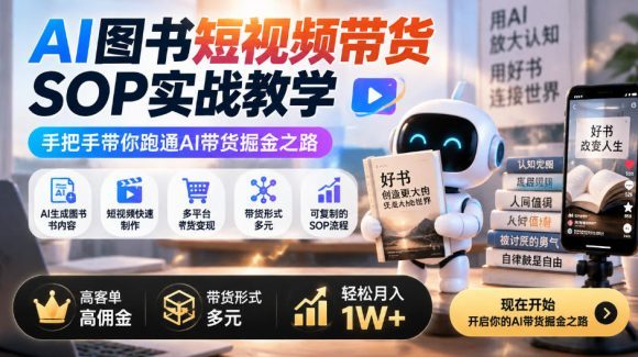 AI图书短视频带货SOP实战教学,手把手带你跑通AI带货掘金之路,高客单高佣金,带货形式多元,轻松月入1W+-1 AI图书短视频带货SOP实战教学,手把手带你跑通AI带货掘金之路,高客单高佣金,带货形式多元,轻松月入1W+