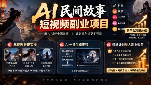 AI民间故事短视频副业项目,多平台流量分成,三视图分镜实操,精选计划放大副业收益-1 AI民间故事短视频副业项目,多平台流量分成,三视图分镜实操,精选计划放大副业收益