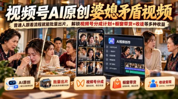 视频号ai原创婆媳矛盾视频,普通人跟着流程就能批量出片,解锁视频号分成计划+橱窗带货+收徒等多种收益-1 视频号ai原创婆媳矛盾视频,普通人跟着流程就能批量出片,解锁视频号分成计划+橱窗带货+收徒等多种收益