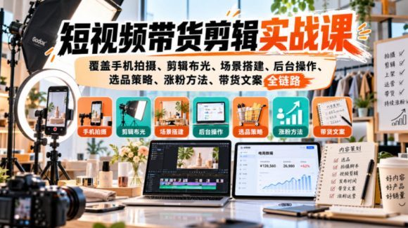 短视频带货剪辑实战课，覆盖手机拍摄、剪辑布光、场景搭建、后台操作、选品策略、涨粉方法、带货文案全链路
