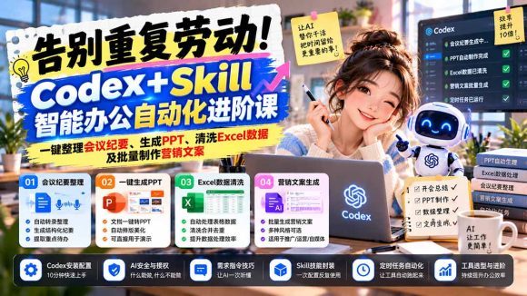 告别重复劳动!Codex+Skill智能办公自动化进阶课:一键整理会议纪要、生成PPT、清洗Excel数据及批量制作营销文案-1 告别重复劳动!Codex+Skill智能办公自动化进阶课:一键整理会议纪要、生成PPT、清洗Excel数据及批量制作营销文案