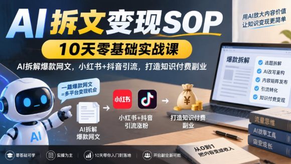 AI拆文变现SOP｜10天零基础实战课，AI拆解爆款网文，小红书+抖音引流，打造知识付费副业