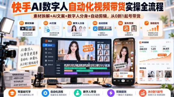 快手AI数字人自动化视频带货实操全流程|素材拆解+AI文案+数字人分身+自动剪辑,从0到1起号带货(更新26年)-1 快手AI数字人自动化视频带货实操全流程|素材拆解+AI文案+数字人分身+自动剪辑,从0到1起号带货(更新26年)