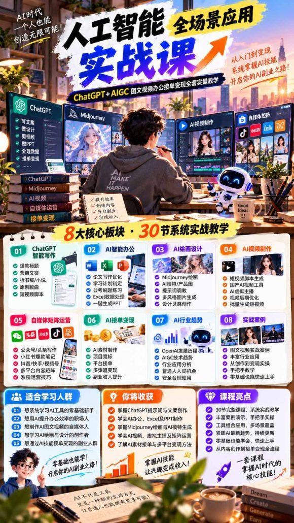 一个人掌握AI写作设计剪辑全套技能：从ChatGPT办公、AI绘画到虚拟主播、自媒体运营及接单变现