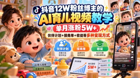 抖音12W粉丝博主的AI育儿视频教学,单月涨粉5W+,伙伴计划+接商单+收徒等多种变现方式-1 抖音12W粉丝博主的AI育儿视频教学,单月涨粉5W+,伙伴计划+接商单+收徒等多种变现方式