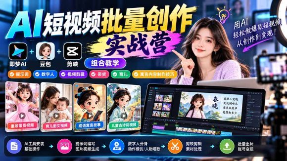 【无水印】AI短视频批量创作实战营:即梦+豆包+剪映组合教学,提示词/数字人/视频剪辑/带货/育儿/寓言内容制作技巧-1 【无水印】AI短视频批量创作实战营:即梦+豆包+剪映组合教学,提示词/数字人/视频剪辑/带货/育儿/寓言内容制作技巧