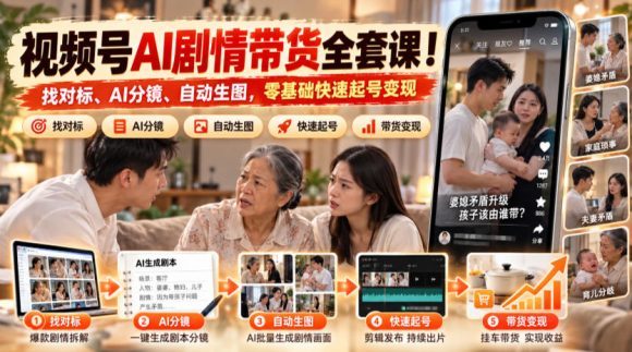 视频号AI剧情带货全套课!找对标、AI分镜、自动生图,零基础快速起号变现-1 视频号AI剧情带货全套课!找对标、AI分镜、自动生图,零基础快速起号变现