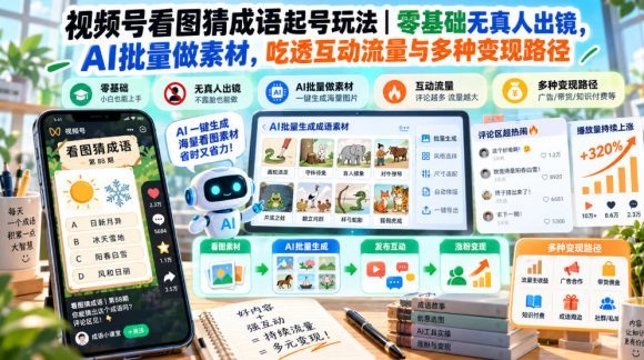 视频号看图猜成语起号玩法｜零基础无真人出镜，AI批量做素材，吃透互动流量与多种变现路径
