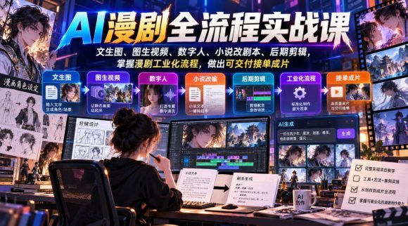 AI漫剧全流程实战课,文生图、图生视频、数字人、小说改剧本、后期剪辑,掌握漫剧工业化流程,做出可交付接单成片-1 AI漫剧全流程实战课,文生图、图生视频、数字人、小说改剧本、后期剪辑,掌握漫剧工业化流程,做出可交付接单成片