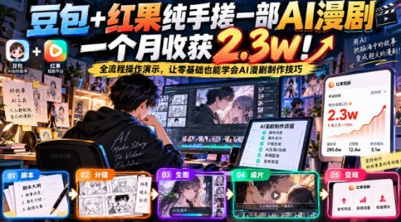 豆包+红果纯手搓一部AI漫剧一个月收获2.3w!全流程操作演示,让零基础也能学会AI漫剧制作技巧-1 豆包+红果纯手搓一部AI漫剧一个月收获2.3w!全流程操作演示,让零基础也能学会AI漫剧制作技巧
