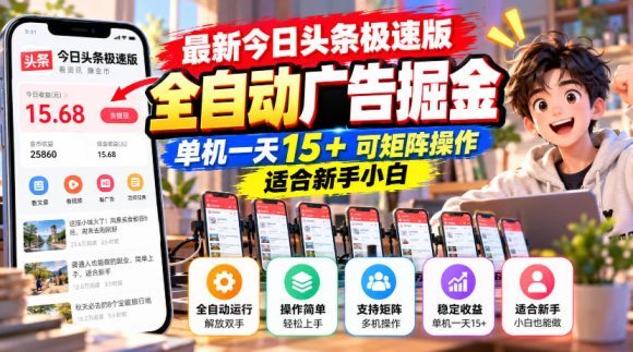 最新今日头条极速版全自动广告掘金,单机一天15+可矩阵操作适合新手小白-1 最新今日头条极速版全自动广告掘金,单机一天15+可矩阵操作适合新手小白