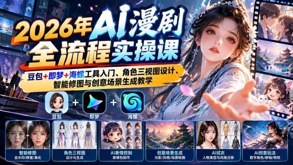 2026年AI漫剧全流程实操课:豆包+即梦+海螺工具入门、角色三视图设计、智能修图与创意场景生成教学-1 2026年AI漫剧全流程实操课:豆包+即梦+海螺工具入门、角色三视图设计、智能修图与创意场景生成教学
