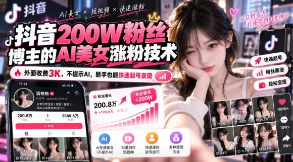 抖音200W粉丝博主的AI美女涨粉技术，外面收费3K，不提示AI，新手也能快速起号变现