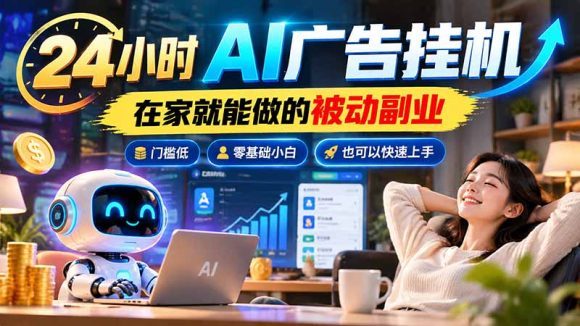 24小时AI广告挂机｜在家就能做的被动副业，门槛低，零基础小白也可以快速上手