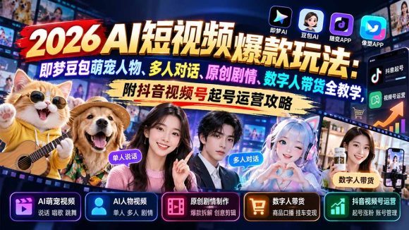 2026AI短视频爆款玩法:即梦豆包萌宠人物、多人对话、原创剧情、数字人带货全教学,附抖音视频号起号运营攻略-1 2026AI短视频爆款玩法:即梦豆包萌宠人物、多人对话、原创剧情、数字人带货全教学,附抖音视频号起号运营攻略