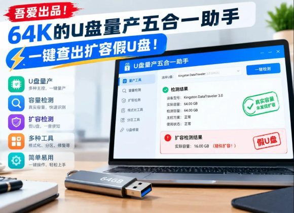 吾爱出品!64K的U盘量产五合一助手,一键查出扩容假U盘!-1 吾爱出品!64K的U盘量产五合一助手,一键查出扩容假U盘!